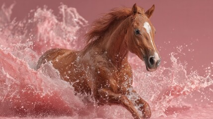 Horse with splashes of water in different directions on plain background