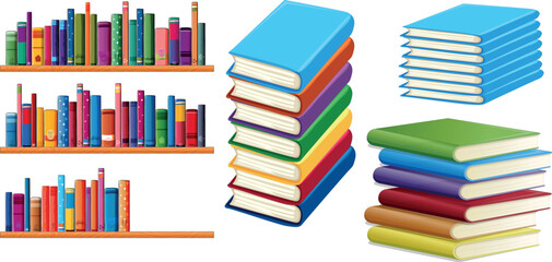 Cartoon Books and School Textbooks Vector Set with Open and Stacked Reading Illustrations for Education, Literature, Library, and Study Design