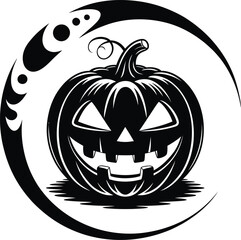 Black pumpkin jack o lantern design with swirling lines on transparent background silhouette