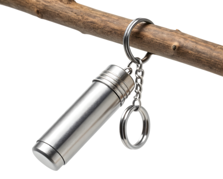 Metal container hangs from a wooden stick with a metal ring and chain against transparent background - Powered by Adobe