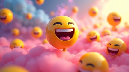 Joyful yellow smiley faces floating among soft pink clouds in a dreamy sky