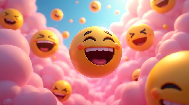 Joyful emoticons floating amidst soft pink clouds in a whimsical dreamscape