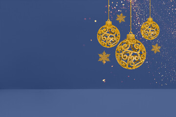 Christmas tree baubles and snowflakes on blue background with golden lights. Festive winter holiday background. Design with copy space for greeting card, text, advertising, banner, invitation