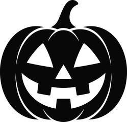 Black jack o lantern illustration with carved face on transparent background silhouette