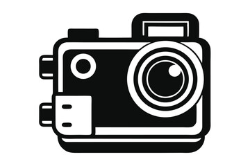 Black and White Illustration of a Retro Camera with Lens Details and Flash Mount