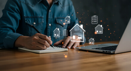 Person meticulously planning future home investments and real estate ventures, leveraging digital insights and strategic property management tools for optimal growth