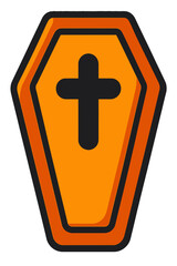 Obraz premium A vivid orange cartoon coffin featuring a bold black cross, perfect for Halloween, spooky events, gothic themes, and death-related digital art. This minimalist yet impactful icon offers versatile desi