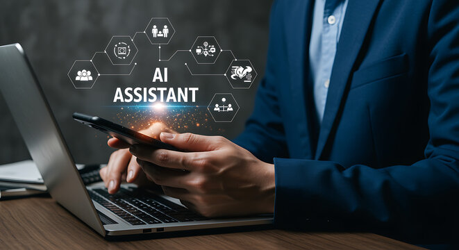 Artificial intelligence assistant on a mobile phone, person using smartphone and laptop, a network of icons representing AI technology and digital services in the background