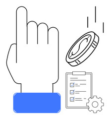 Hand pointing upward, coin flipping, checklist with ticks, and gear symbolizing decision-making, prioritization, task management, efficiency, financial planning strategy success. Represents