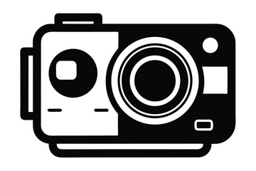 Black and White Illustration of an Action Camera with a Lens and Button