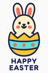 Adorable Cartoon Easter Bunny Joyfully Peeking Out of a Brightly Decorated Cracked Egg, a Sweet Symbol of Spring and New Beginnings. Perfect for Happy Easter Greetings, Kids' Crafts, Festive Decoratio