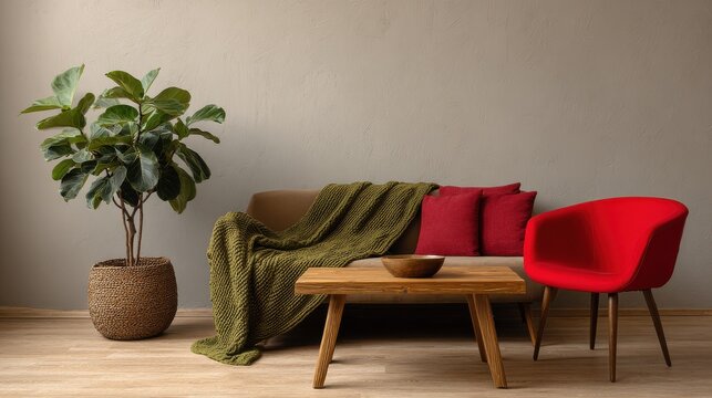 wooden table between a sofa with green blanket and red chair in living room interior with ficus no logos no brands ar 169
