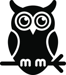 Charming black owl illustration with large eyes on transparent background silhouette