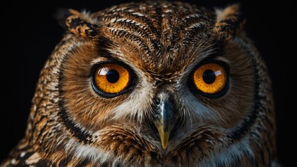 Obraz premium Close-up of owl with orange eyes against black background