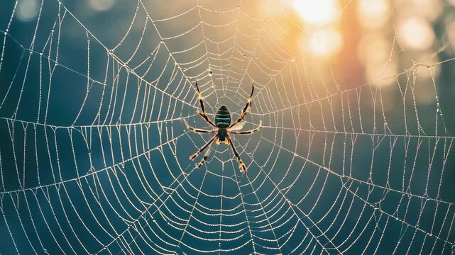 Large orb-weaver spider centered in a massive, delicate web glistening with dew drops during sunrise or sunset.