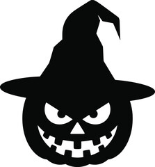 Spooky halloween pumpkin head with a witch hat on transparent background silhouette