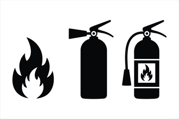 Fire safety icons set showing flame and two different fire extinguishers