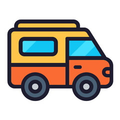 Detailed cartoon vector icon of a stylish recreational vehicle (RV) or motorhome, featuring a bold orange body with a contrasting yellow top and bright blue windows. This cheerful graphic embodies adv