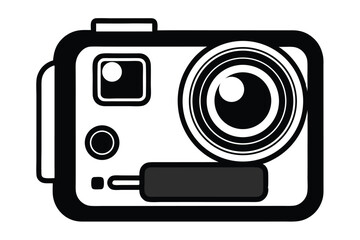 Black and white clip art illustration of a digital camera with a lens