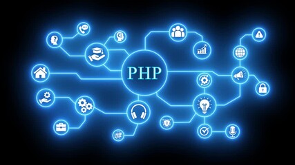 PHP Programming Language Network Connections and Icons on Black Background Keywords: PHP, programming, language, network, connection, technology, information, management, system, structure - Powered by Adobe