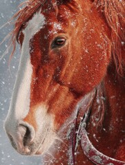 highdetail red horse on a winter festive backdrop