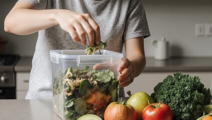 A realistic photograph captures a young white adult, managing a chronic illness, meticulously placing food waste into a sealed compost container