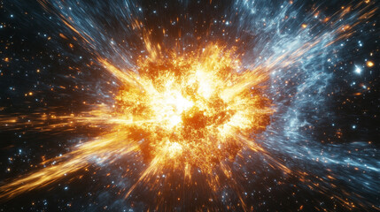 Powerful galactic explosion in deep space with radiant energy and swirling cosmic dust, representing creation, chaos, and the dynamic forces of the universe.