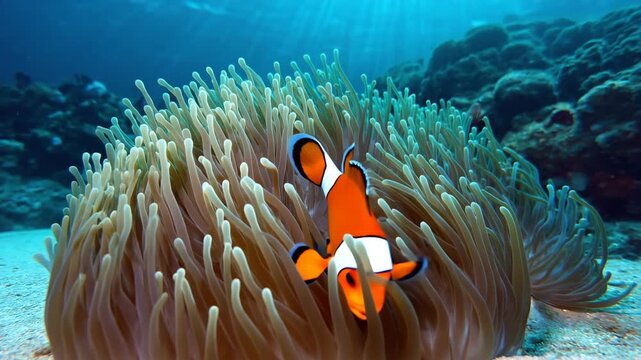 Clownfisch schwimmt im Meer &ndash; farbenfrohes Unterwasserleben im Korallenriff