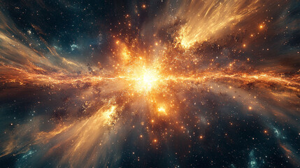 Powerful galactic explosion in deep space with radiant energy and swirling cosmic dust, representing creation, chaos, and the dynamic forces of the universe.