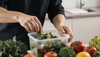 A realistic photograph captures a young white adult, managing a chronic illness, meticulously placing food waste into a sealed compost container on a clean kitchen counter