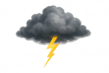 Dark storm cloud producing a yellow lightning bolt, representing bad weather, power, sudden strike, danger, and risk