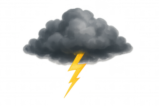 Dark storm cloud producing a yellow lightning bolt, representing bad weather, power, sudden strike, danger, and risk