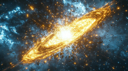 Powerful galactic explosion in deep space with radiant energy and swirling cosmic dust, representing creation, chaos, and the dynamic forces of the universe.