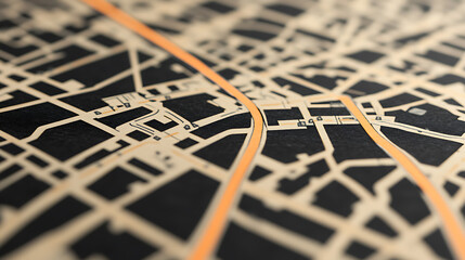 Abstract close-up of a map featuring roadways and blocks; an eye-level perspective of urban navigation and spatial planning with orange route.