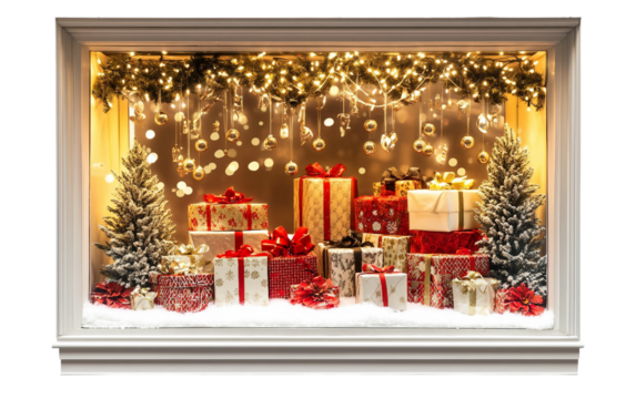 Beautiful store window display glowing with Christmas lights ornaments and joyful seasonal charm isolated on transparent background PNG