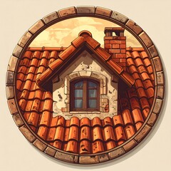 Round emblem of a terracotta-roofed house's attic window