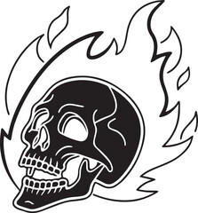 Black and white illustration of a skull engulfed in flames fire burning
