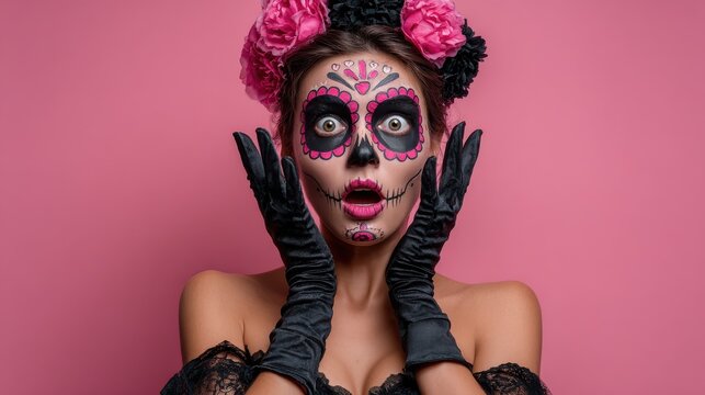 portrait of emotional woman wears professional sugar skull makeup has scared face expression raises hand in black gloves with horror prepares for halloween holiday isolated over pink background no lo
