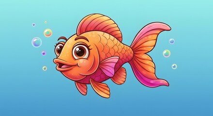 Fototapeta premium Cartoon Goldfish with Bubbles