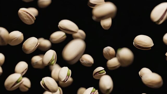 Fallende Pistazien in Zeitlupe &ndash; Gesunde N&uuml;sse, Snack, nat&uuml;rliche Ern&auml;hrung