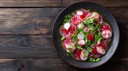 fresh carpaccio salad with wine vinegar set with radish and garnet on plate on old dark wooden table background top view flat lay with copy space for text no logos no brands ar 169