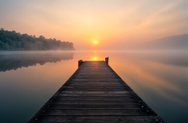 Sunrise over calm lake seen from wooden dock with misty hills in the background