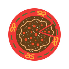 Festive cake vector illustration. Round chocolate cake with cut out slice on red plate with bows isolated on white background. Sweet dessert for Christmas celebration, Birthday part, Valentine Day