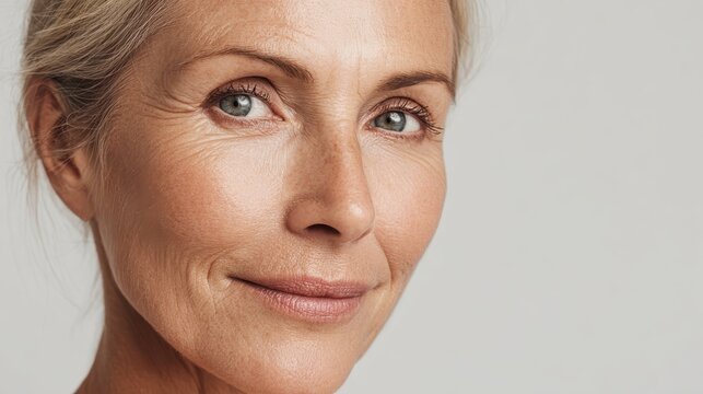 50s middle aged old woman looking at camera isolated on white background advertising dry skin care treatment anti age skincare beauty plastic surgery cosmetology procedures close up half face view no