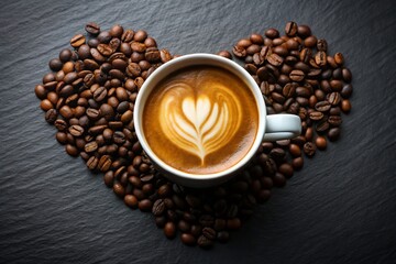 Aromatic coffee with latte art in heart shape on dark background