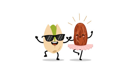 Dancing pistachio and raisin characters having fun together.