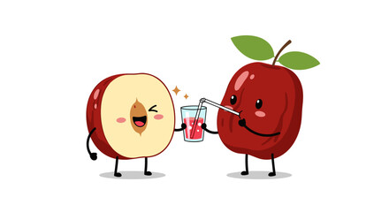 Two cute cartoon jujube fruits sharing a drink together on a white background.