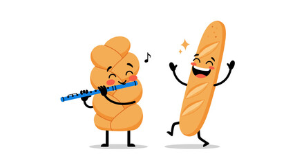 Fototapeta premium Cartoon braided bread plays flute for dancing baguette.