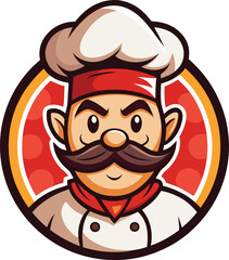 Cartoon Chef Character with Mustache and Chef Hat White Background