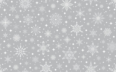 Winter seamless pattern. Festive background with white snowflakes and stars on grey. For Christmas and New Year decorations, wallpaper, wrapping paper, fabric, or digital backgrounds.
